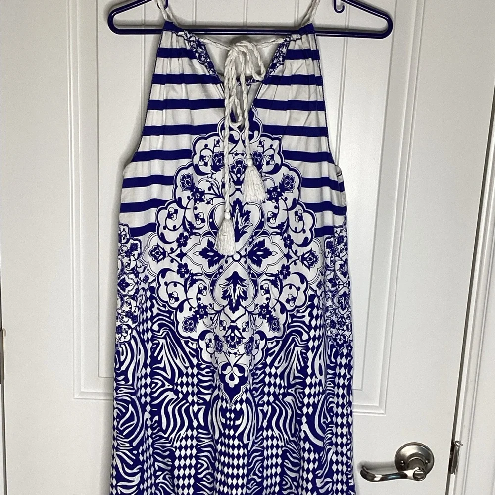 Max Studio Blue and White Halter Dress.  Sz. Med Boho, Summertime, Resortwear - Picture 4 of 9